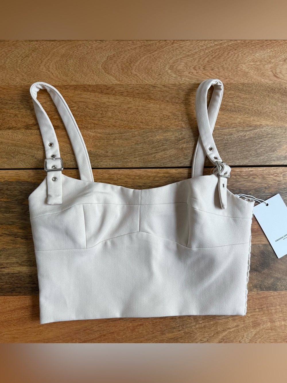 Amanda Uprichard Cream Square-Neck Crop Top with Buckle Straps